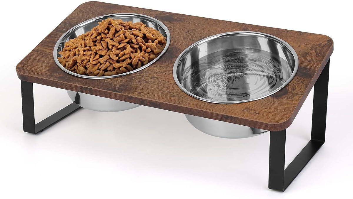 Elevated Double Dog Bowl Stand with Stainless Inserts, Walnut Tone product photo