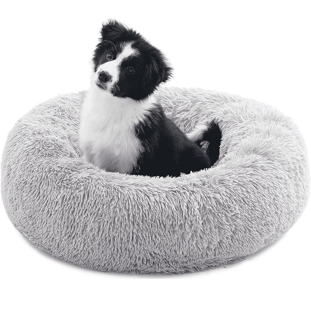 Round Calming Plush Donut Pet Bed, Cream, Small product photo