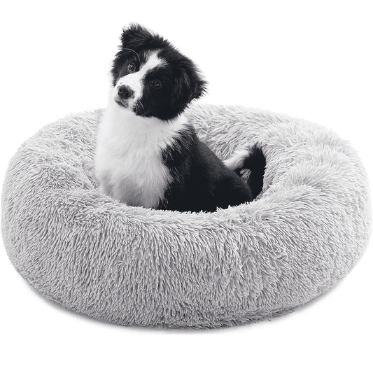 Round Calming Plush Donut Pet Bed, Cream, Small product photo